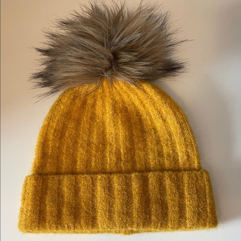 Alxiliary Yellow Knit Beanie with Faux Fur Pom